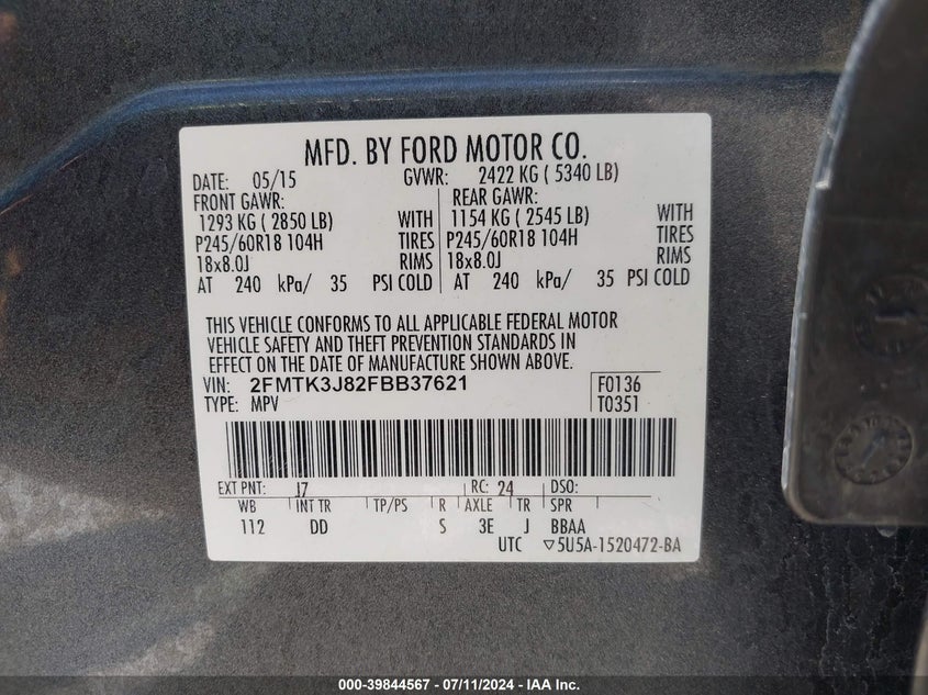 2015 Ford Edge Sel VIN: 2FMTK3J82FBB37621 Lot: 39844567