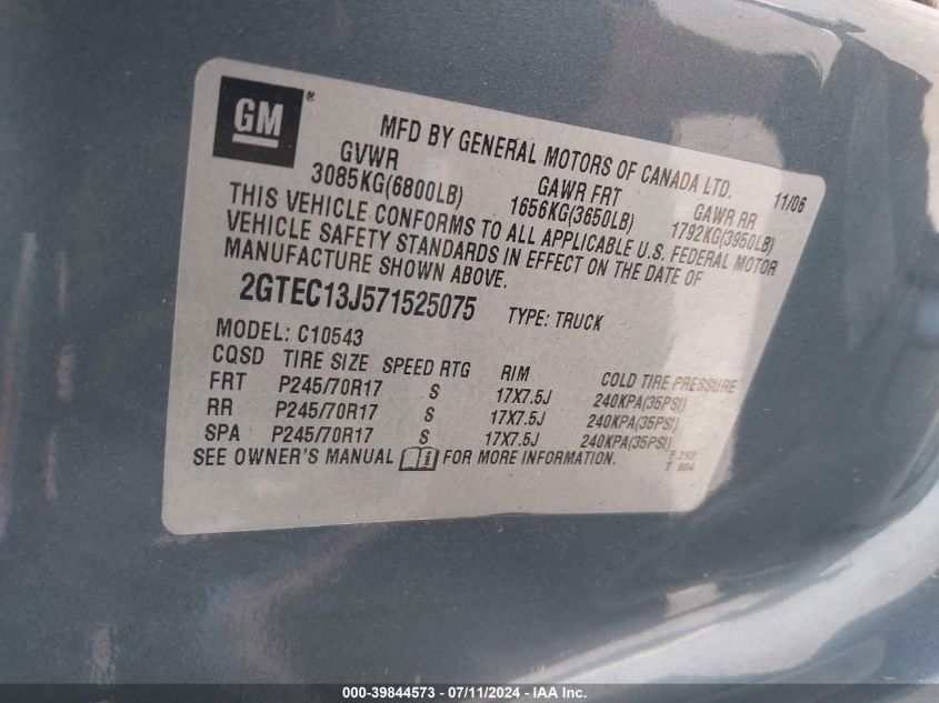 2007 GMC Sierra 1500 Sle2 VIN: 2GTEC13J571525075 Lot: 39844573