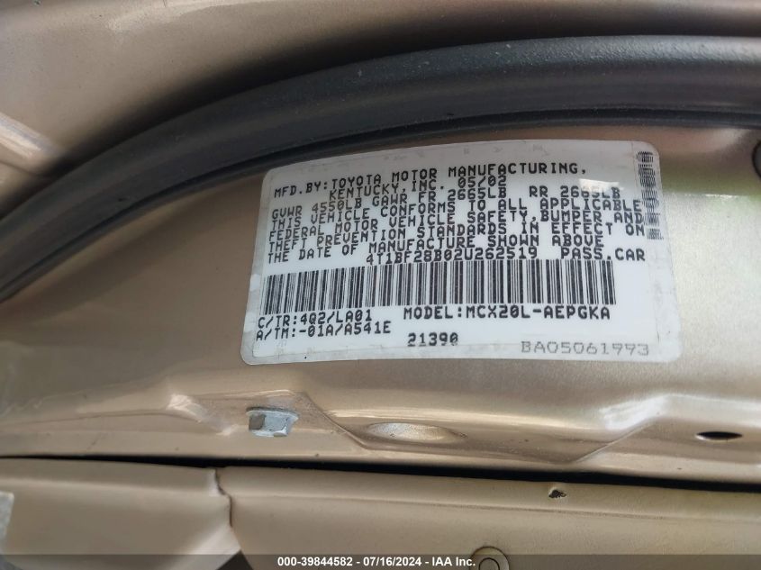 2002 Toyota Avalon Xls VIN: 4T1BF28B02U262519 Lot: 39844582