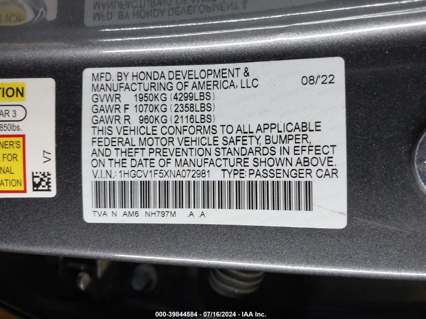 2022 Honda Accord Ex-L VIN: 1HGCV1F5XNA072981 Lot: 39844584