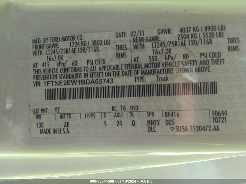 2011 Ford E-250 Commercial VIN: 1FTNE2EW1BDA65743 Lot: 39844588