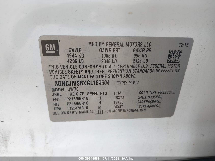 2016 Chevrolet Trax Ltz VIN: 3GNCJMSBXGL189504 Lot: 39844589