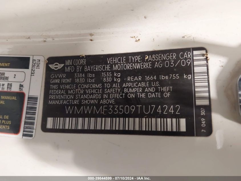 2009 Mini Cooper VIN: WMWMF33509TU74242 Lot: 39844599