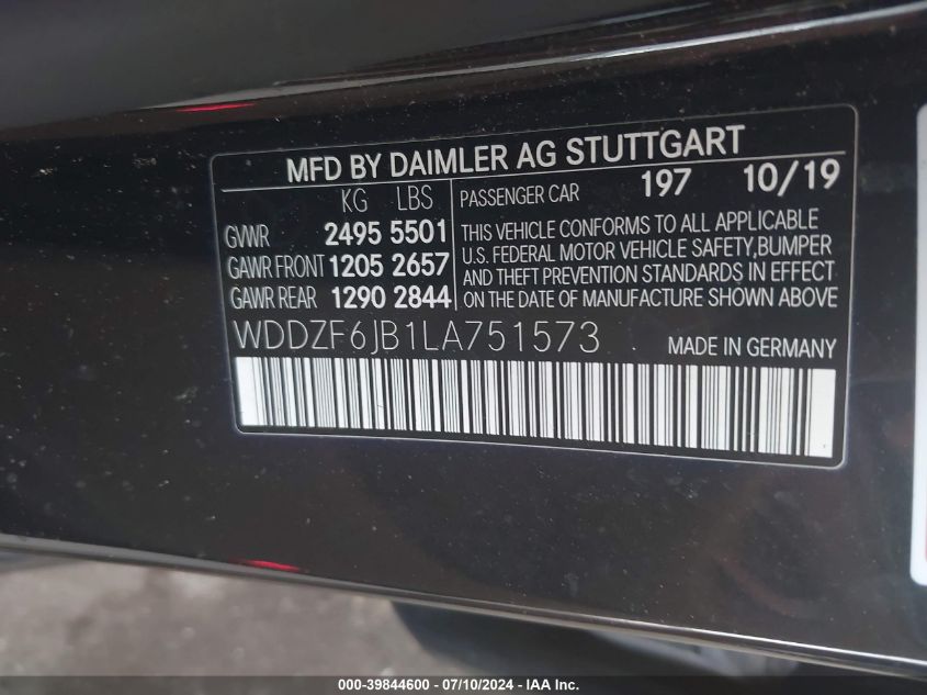 2020 Mercedes-Benz E 450 4Matic VIN: WDDZF6JB1LA751573 Lot: 39844600