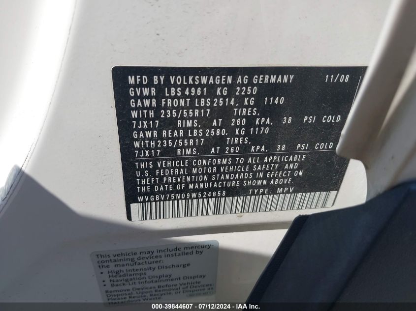 2009 Volkswagen Tiguan Se VIN: WVGBV75N09W524858 Lot: 39844607