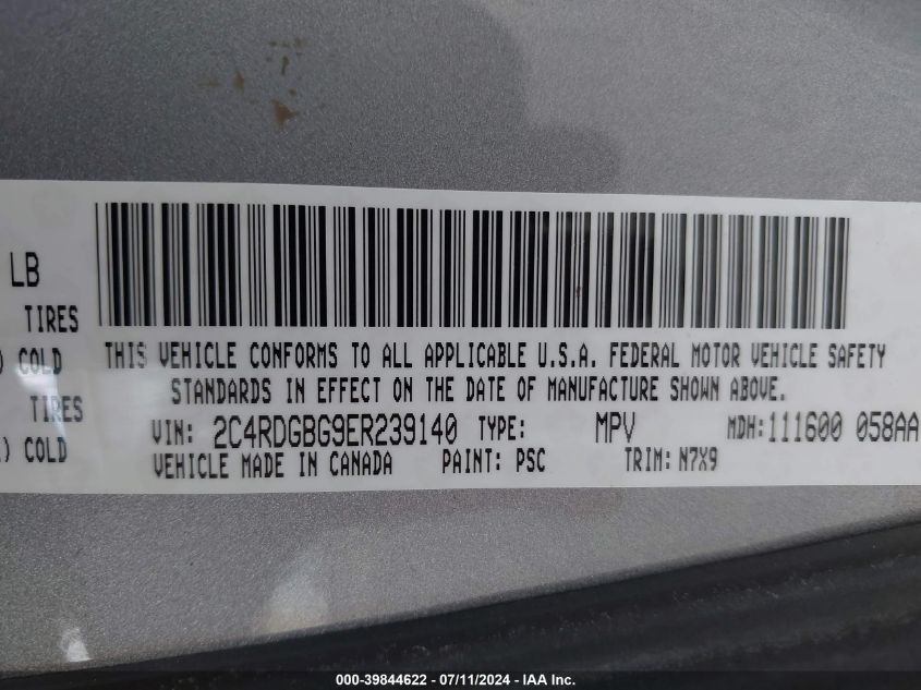 2014 Dodge Grand Caravan Se VIN: 2C4RDGBG9ER239140 Lot: 39844622