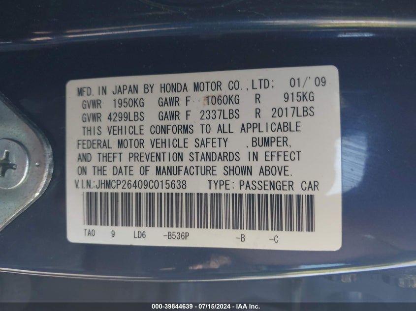 2009 Honda Accord 2.4 Lx-P VIN: JHMCP26409C015638 Lot: 39844639