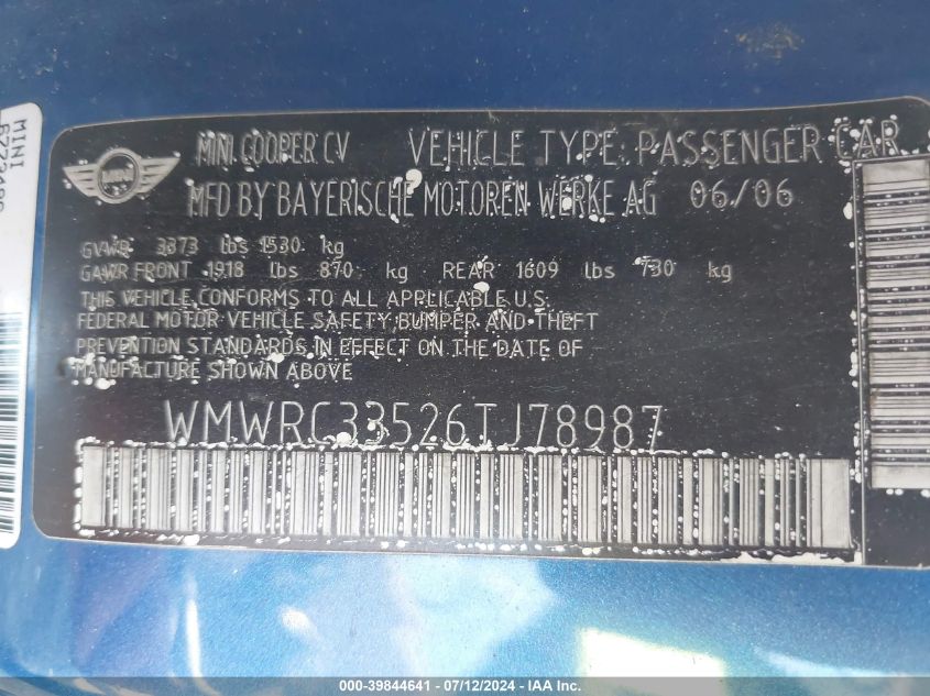 2006 Mini Cooper VIN: WMWRC33526TJ78987 Lot: 39844641