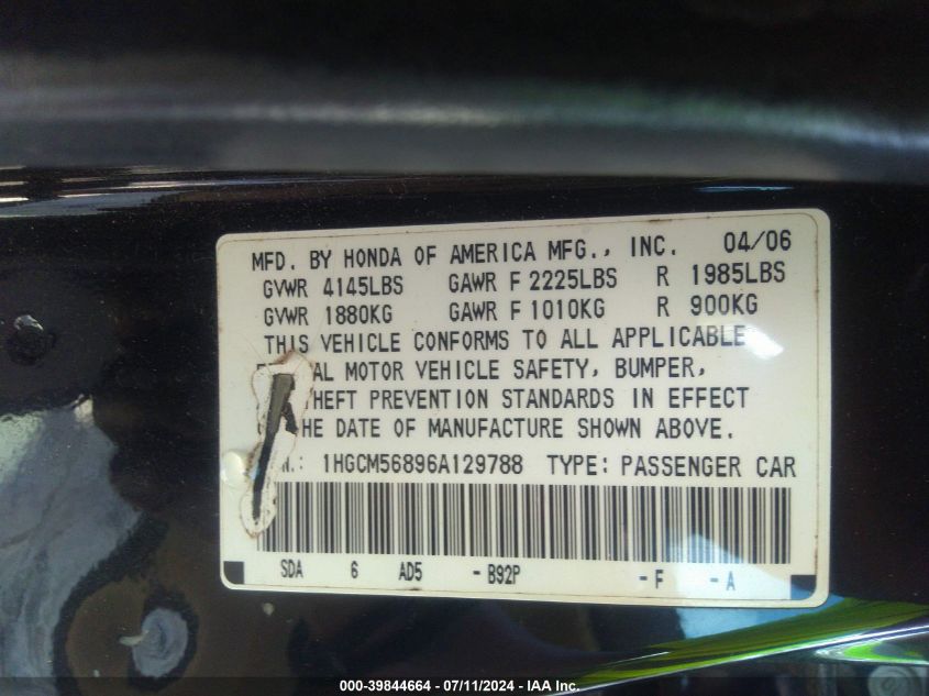 2006 Honda Accord 2.4 Ex VIN: 1HGCM56896A129788 Lot: 39844664