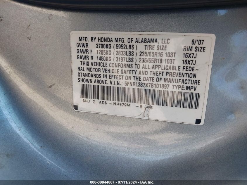 2007 Honda Odyssey Ex-L VIN: 5FNRL387X7B101897 Lot: 39844667