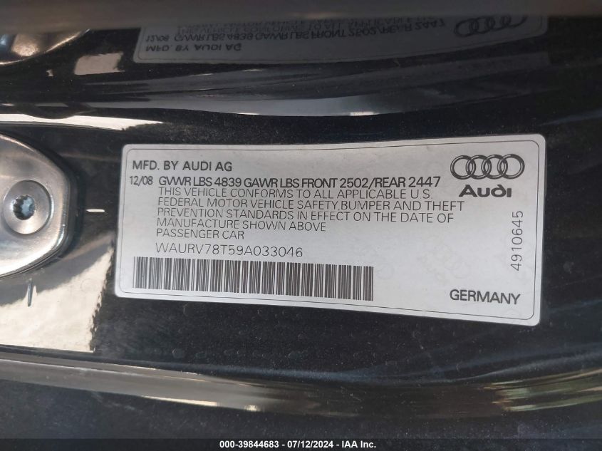 2009 Audi S5 4.2L VIN: WAURV78T59A033046 Lot: 39844683