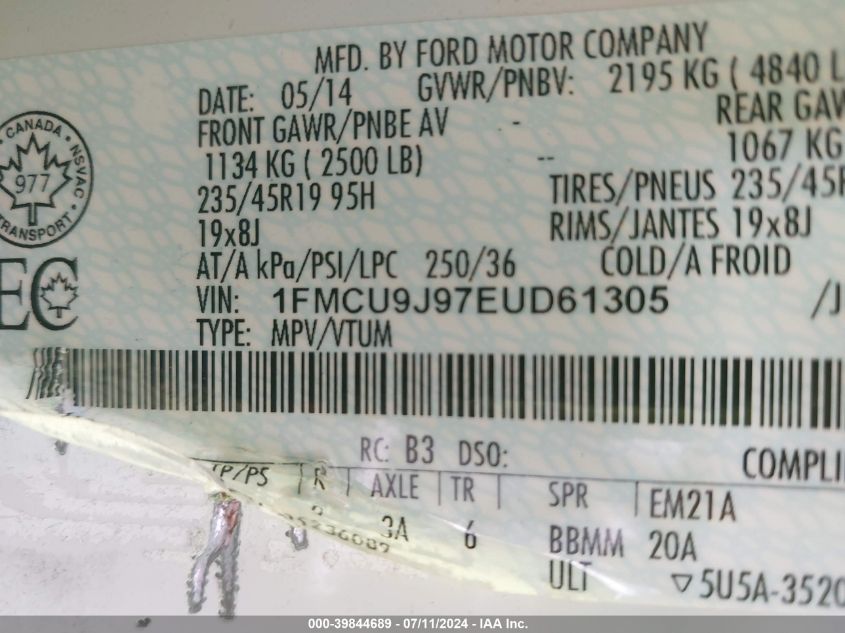 2014 Ford Escape Titanium VIN: 1FMCU9J97EUD61305 Lot: 39844689