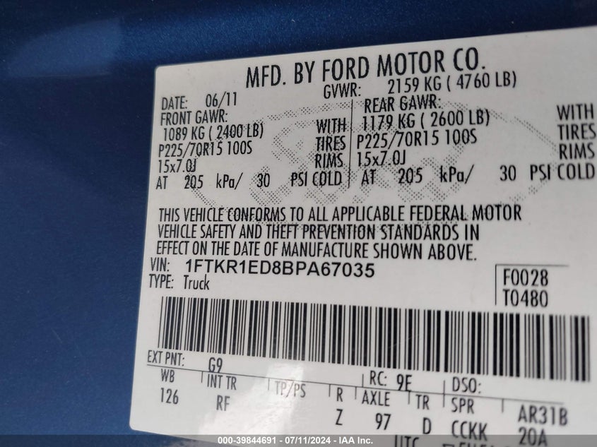 2011 Ford Ranger Xlt VIN: 1FTKR1ED8BPA67035 Lot: 39844691