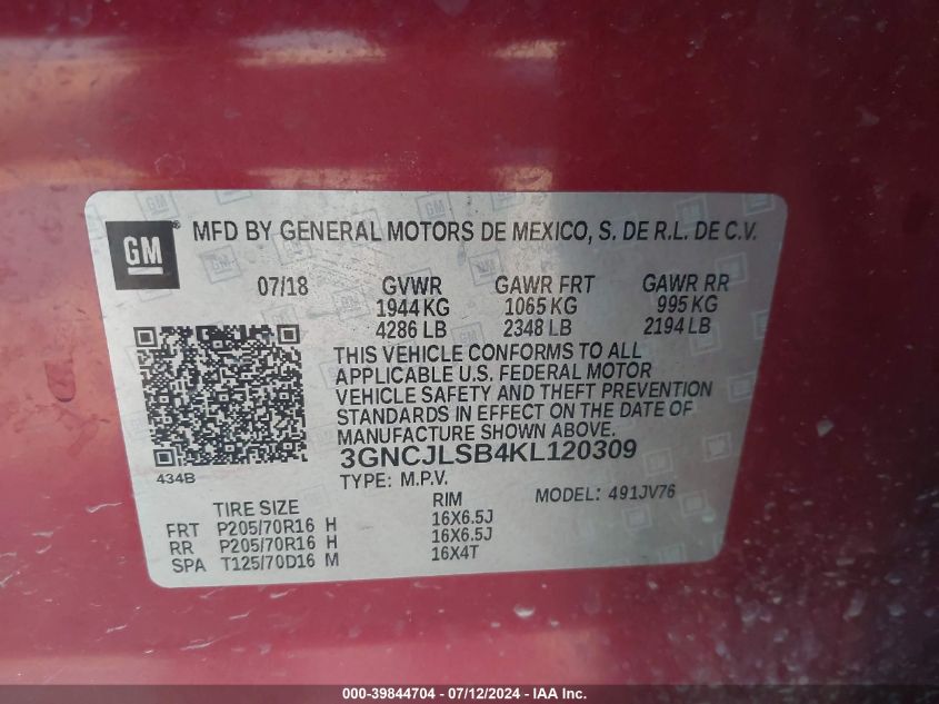 VIN 3GNCJLSB4KL120309 2019 CHEVROLET TRAX LT
