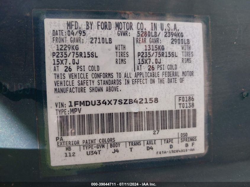 1995 Ford Explorer VIN: 1FMDU34X7SZB42158 Lot: 39844711