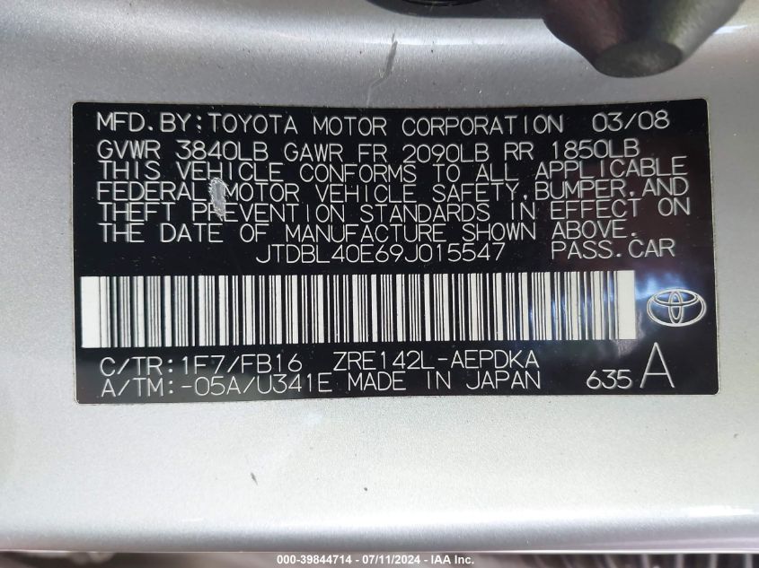 2009 Toyota Corolla Le VIN: JTDBL40E69J015547 Lot: 39844714