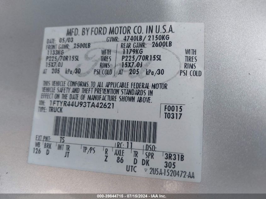 2003 Ford Ranger Edge/Tremor/Xlt VIN: 1FTYR44U93TA42621 Lot: 39844715