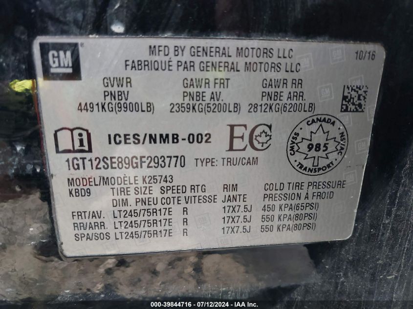 2016 GMC Sierra K2500 Sle VIN: 1GT12SE89GF293770 Lot: 39844716