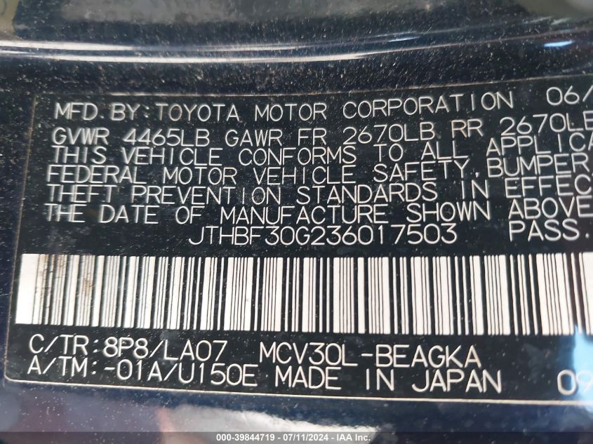 2003 Lexus Es 300 VIN: JTHBF30G236017503 Lot: 39844719