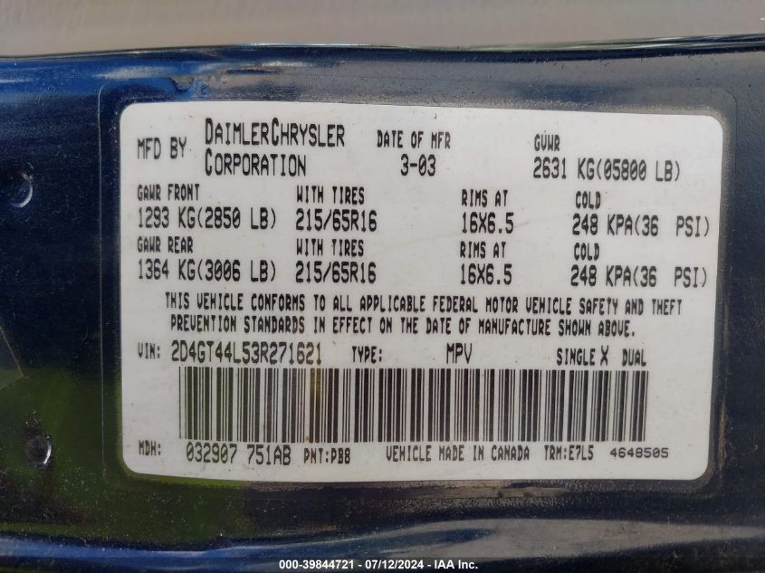 2003 Dodge Grand Caravan Sport VIN: 2D4GT44L53R271621 Lot: 39844721