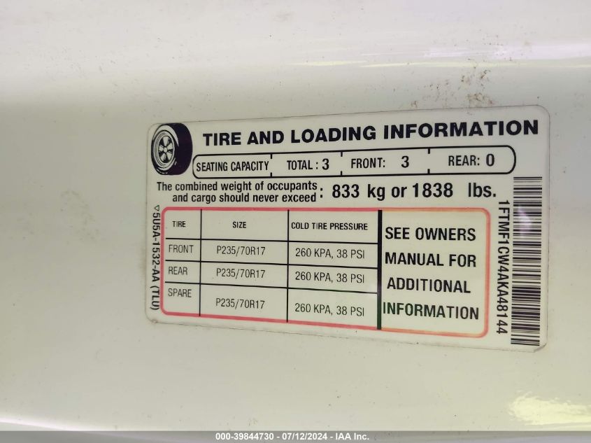 2010 Ford F150 VIN: 1FTMF1CW4AKA48144 Lot: 39844730