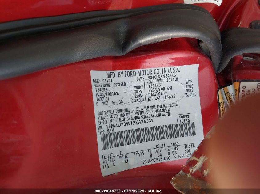 2002 Ford Explorer Xlt VIN: 1FMZU73W12ZA76339 Lot: 39844733