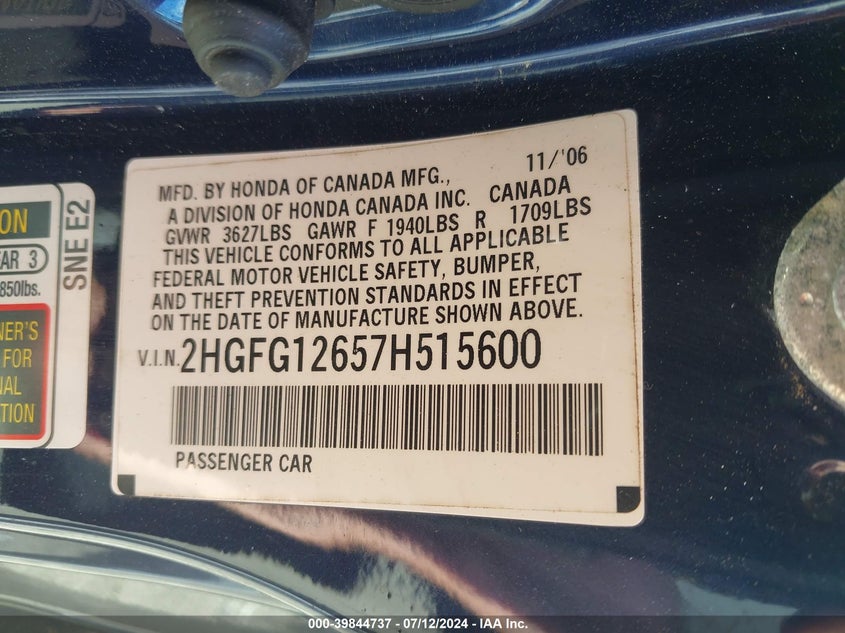 2007 Honda Civic Lx VIN: 2HGFG12657H515600 Lot: 39844737