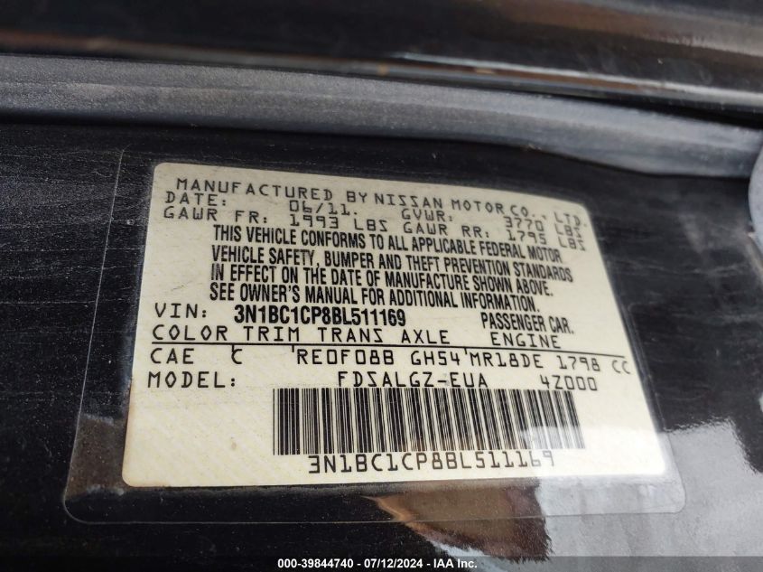 2011 Nissan Versa S/Sl VIN: 3N1BC1CP8BL511169 Lot: 39844740