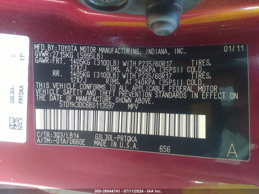 2011 Toyota Sienna Xle V6 VIN: 5TDYK3DC6BS113597 Lot: 39844741