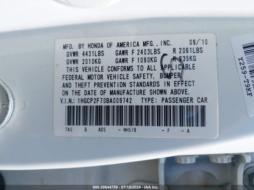2011 Honda Accord 2.4 Ex VIN: 1HGCP2F70BA009742 Lot: 39844759