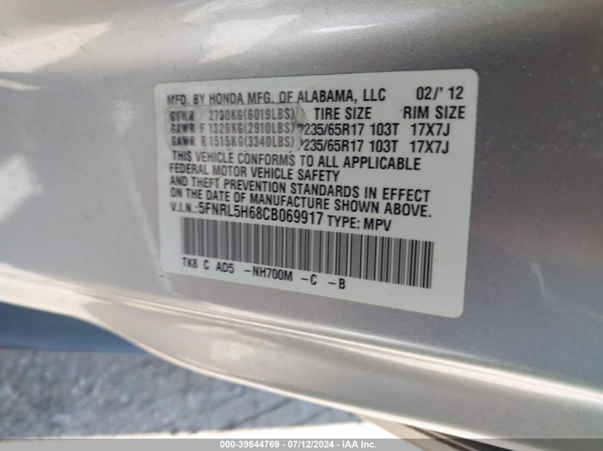 2012 Honda Odyssey Ex-L VIN: 5FNRL5H68CB069917 Lot: 39844769