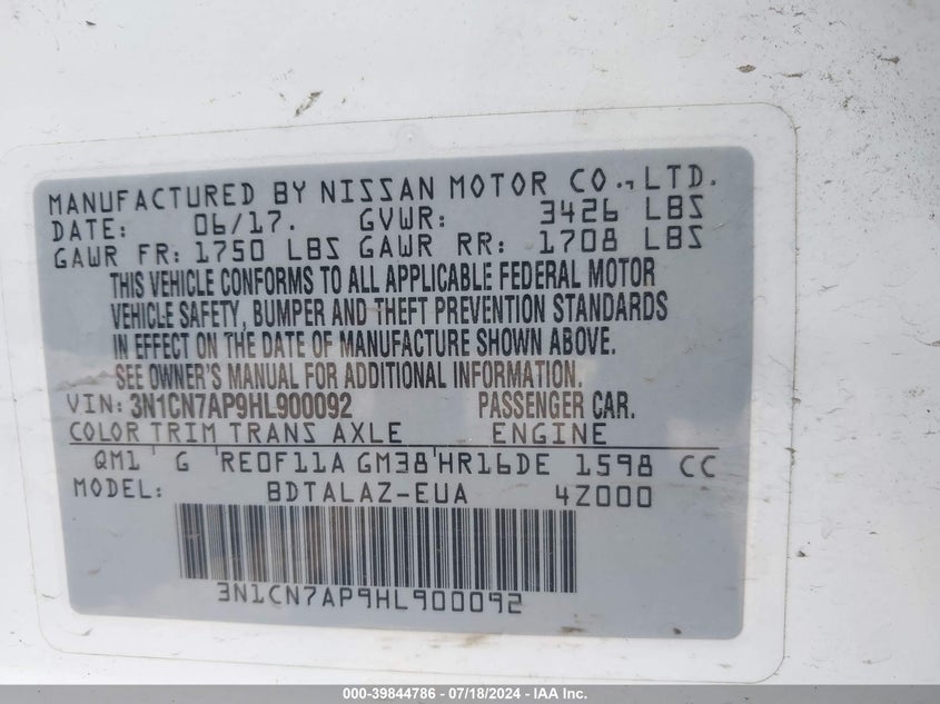 2017 Nissan Versa 1.6 S+ VIN: 3N1CN7AP9HL900092 Lot: 39844786