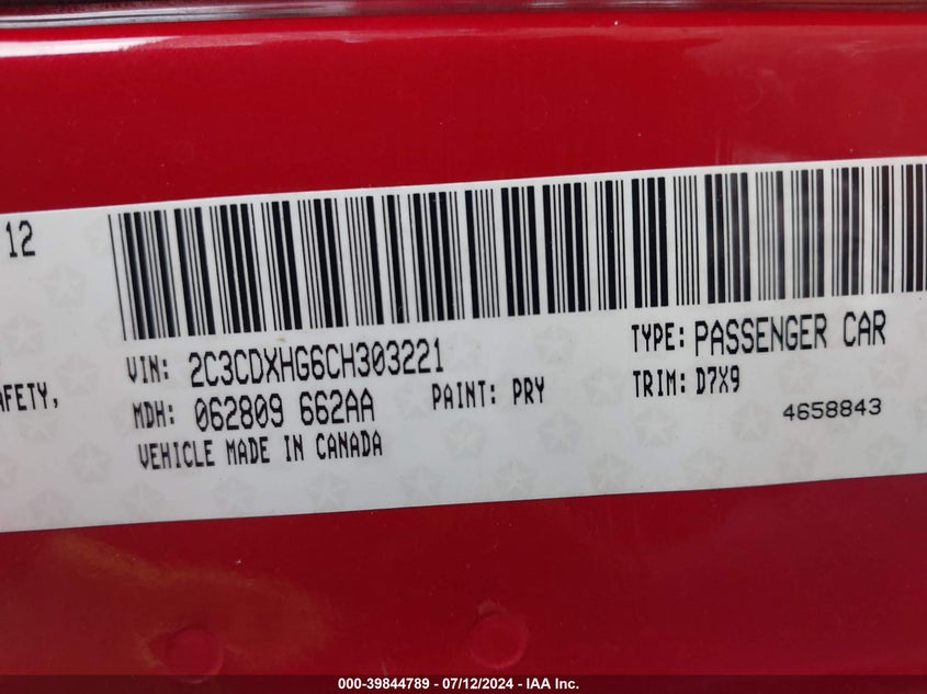 2012 Dodge Charger Sxt VIN: 2C3CDXHG6CH303221 Lot: 39844789