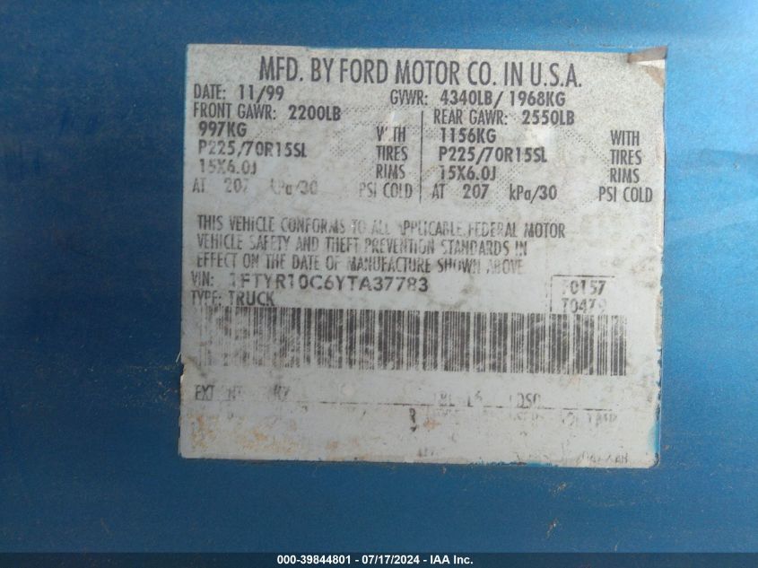 2000 Ford Ranger Xl/Xlt VIN: 1FTYR10C6YTA37783 Lot: 39844801