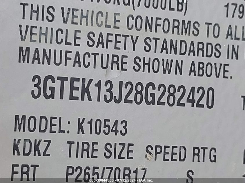 2008 GMC Sierra 1500 Sle1 VIN: 3GTEK13J28G282420 Lot: 39844805