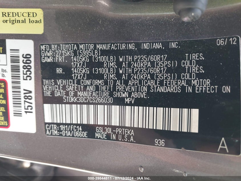 2012 Toyota Sienna Le V6 8 Passenger VIN: 5TDKK3DC7CS266030 Lot: 39844811