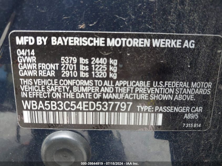 2014 BMW 535I xDrive VIN: WBA5B3C54ED537797 Lot: 39844819