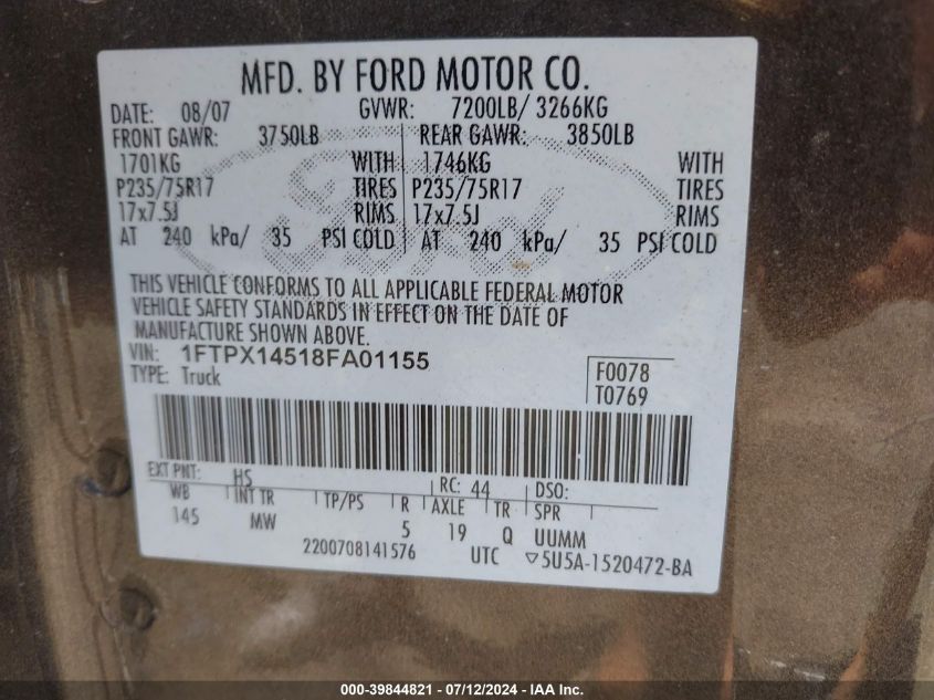 1FTPX14518FA01155 | 2008 FORD F-150