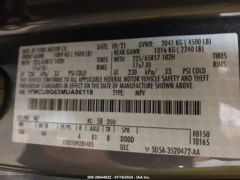 2021 Ford Escape Se VIN: 1FMCU9G63MUA96118 Lot: 39844822