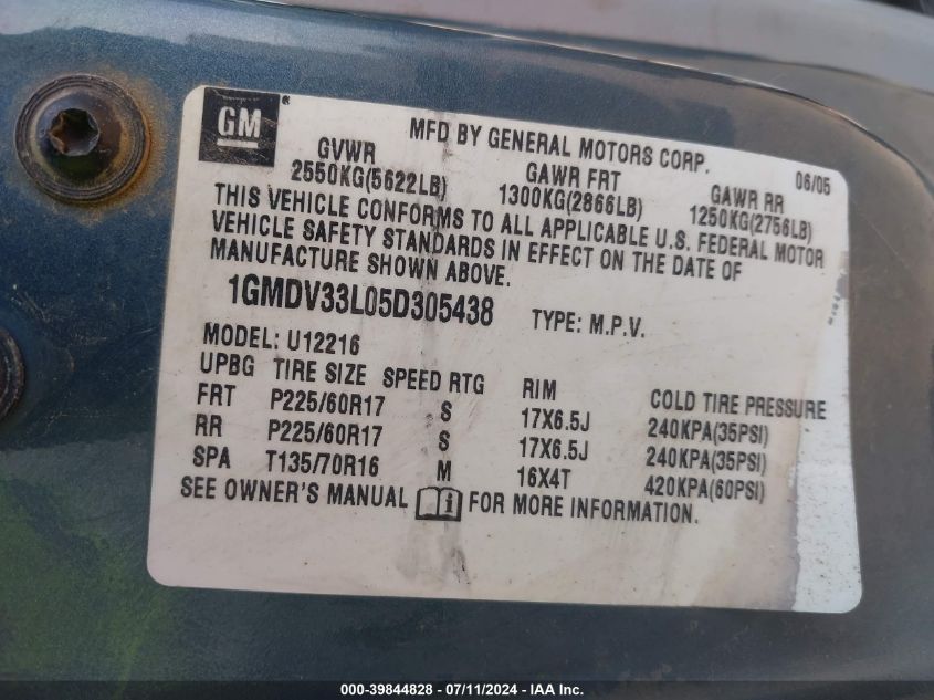 2005 Pontiac Montana Sv6 Fwd VIN: 1GMDV33L05D305438 Lot: 39844828