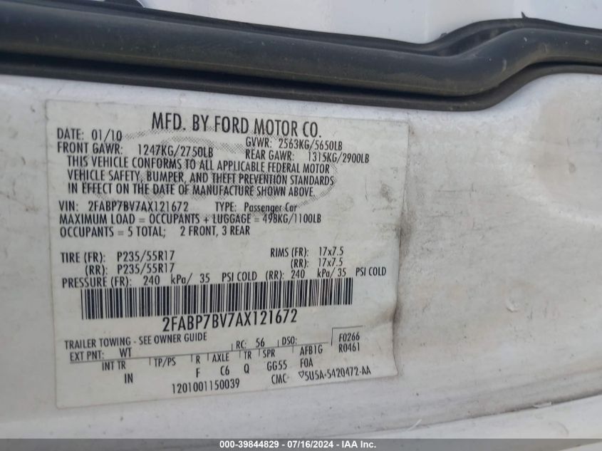 2010 Ford Crown Victoria Police/Police Interceptor VIN: 2FABP7BV7AX121672 Lot: 39844829