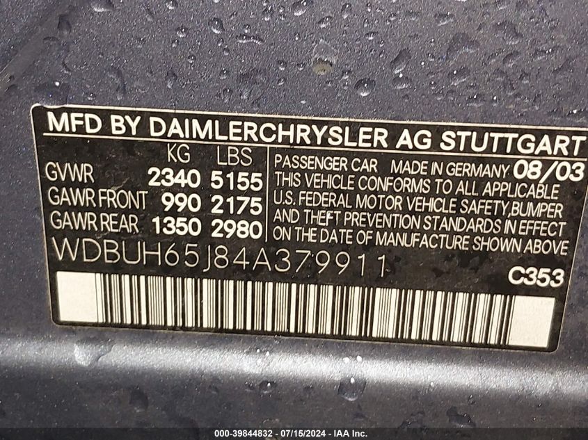 2004 Mercedes-Benz E 320 VIN: WDBUH65J84A379911 Lot: 39844832