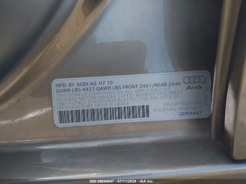 2011 Audi A4 2.0T Premium VIN: WAUFFAFL7BN014027 Lot: 39844847