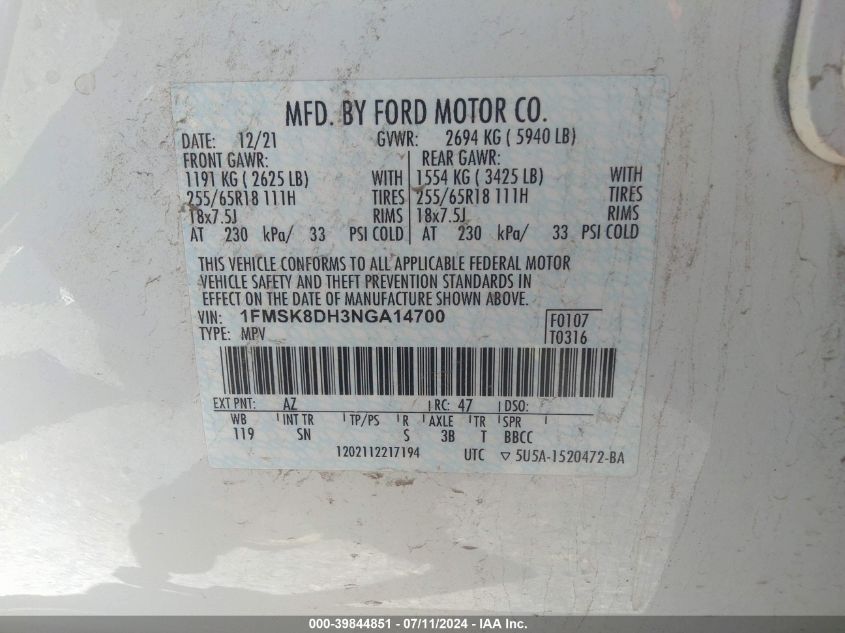 2022 Ford Explorer Xlt VIN: 1FMSK8DH3NGA14700 Lot: 39844851