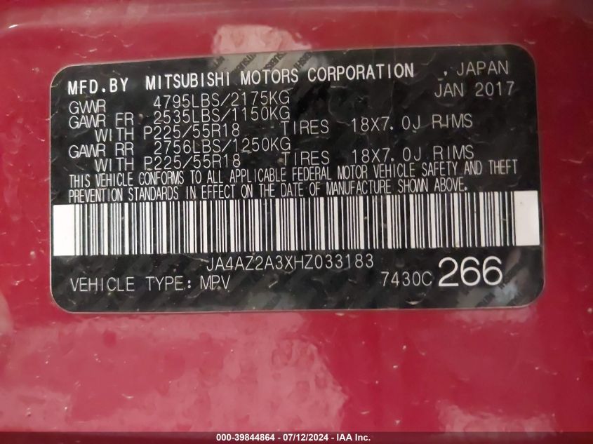 JA4AZ2A3XHZ033183 2017 Mitsubishi Outlander Es