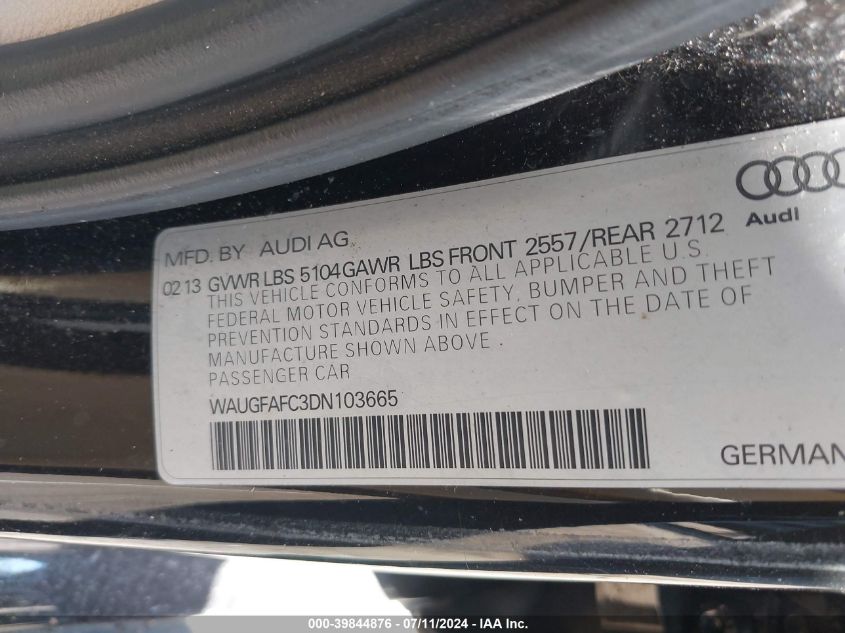 2013 Audi A6 2.0T Premium VIN: WAUGFAFC3DN103665 Lot: 39844876