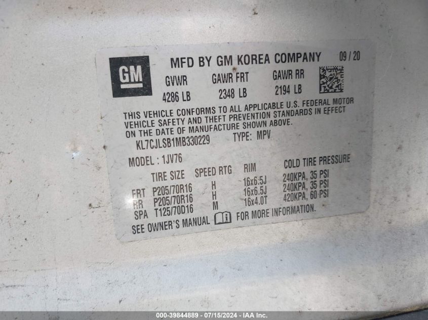 2021 Chevrolet Trax Fwd Lt VIN: KL7CJLSB1MB330229 Lot: 39844889