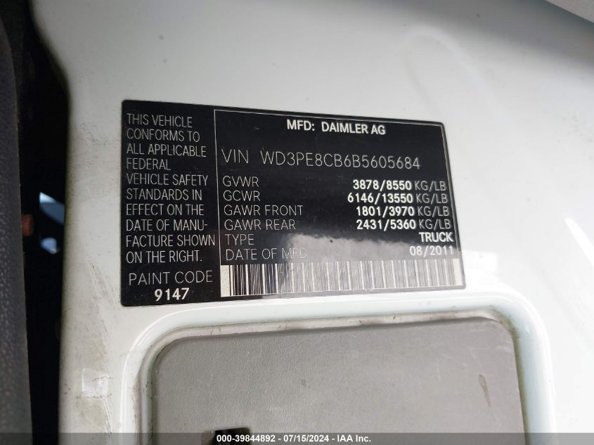 2011 Mercedes-Benz Sprinter 2500 High Roof VIN: WD3PE8CB6B5605684 Lot: 39844892