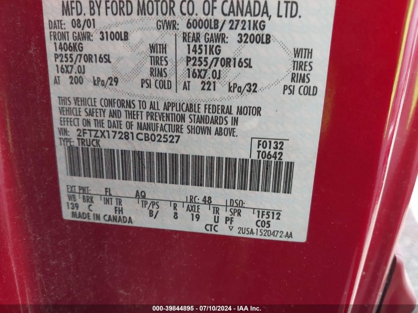 2001 Ford F-150 Xl/Xlt VIN: 2FTZX17281CB02527 Lot: 39844895