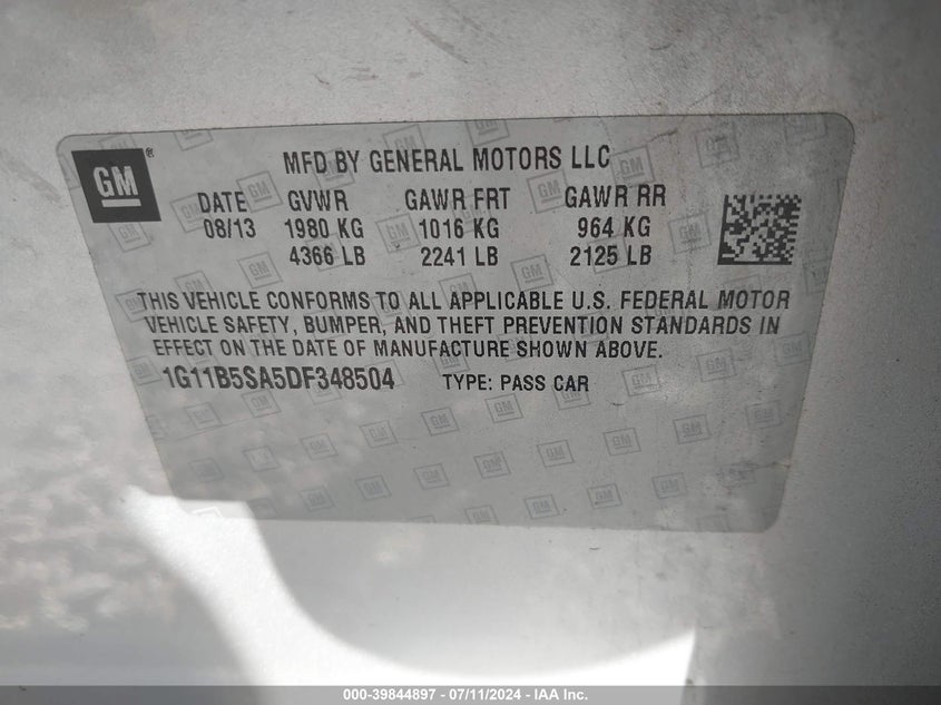 2013 Chevrolet Malibu 1Ls VIN: 1G11B5SA5DF348504 Lot: 39844897